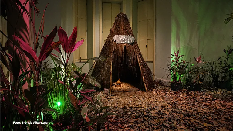 Instalação cenográfica com plantas e oca iluminada