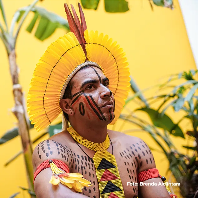 Homem indígena com cocar amarelo e pintura facial