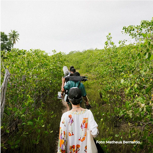 Pessoas caminham por uma trilha em meio ao mangue